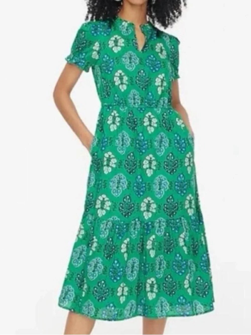 J. Crew Green & Blue Floral Short-Sleeve Midi Dress Sz 6